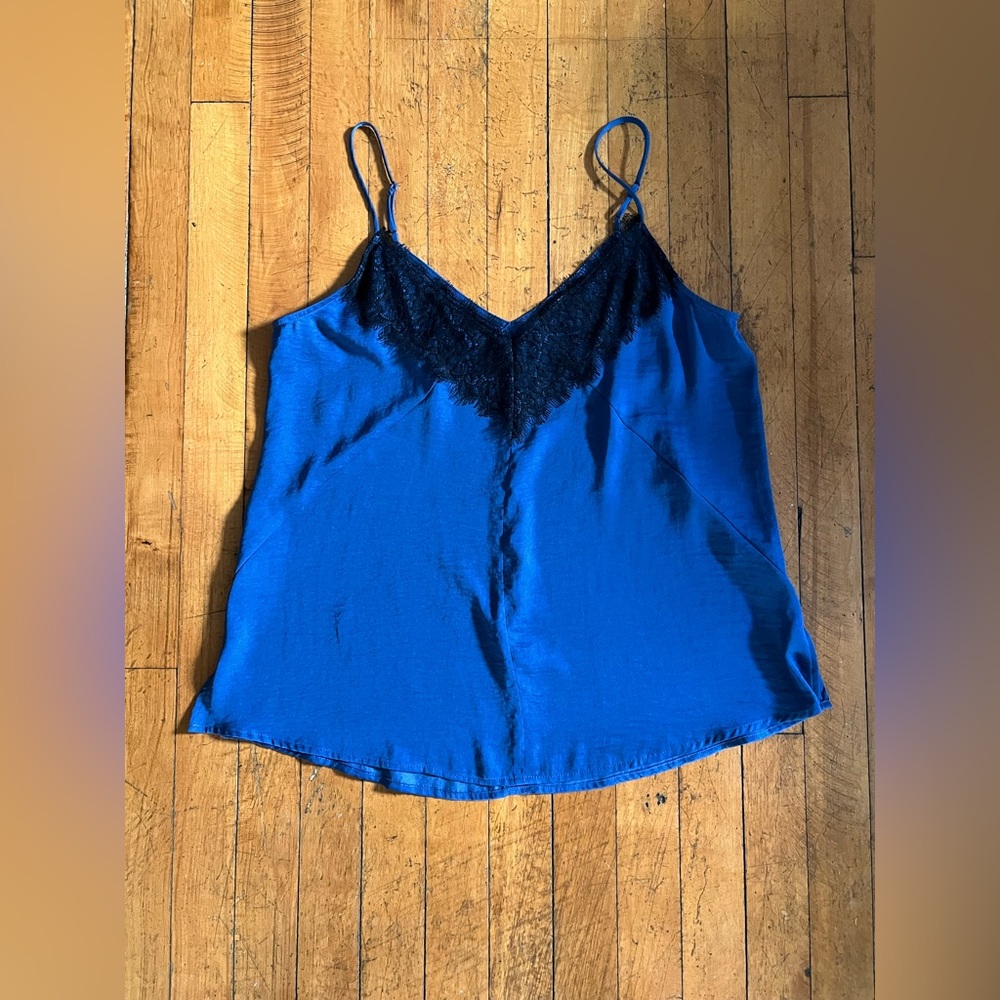 Express Dusty Blue Tank Top with Black Lace Detail - Size M